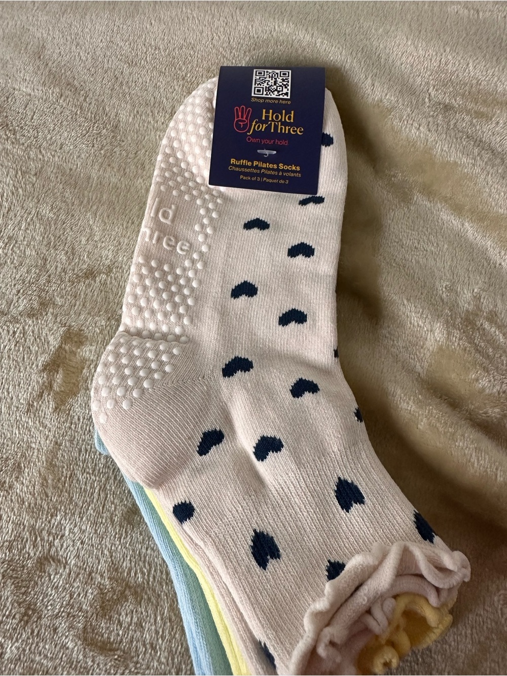 Women's Hold for Three Ruffle Grip Pilates Socks In Blue, Yellow & Cream NWT